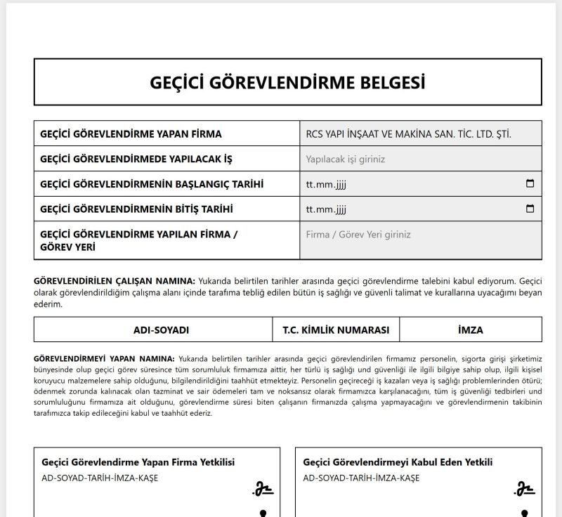 Geçici Görevlendirme Belgesi