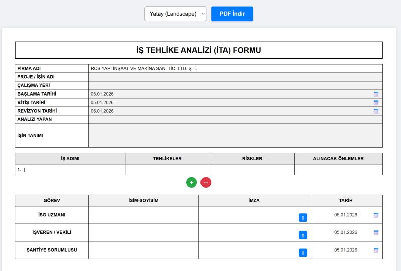 İş Tehlike Analizi Formu